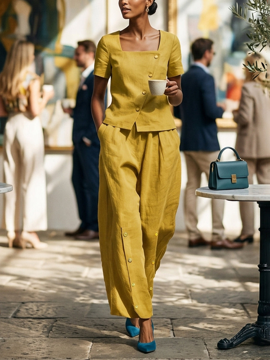 Wide-Leg Button-Detail Pocket Relaxed Pants