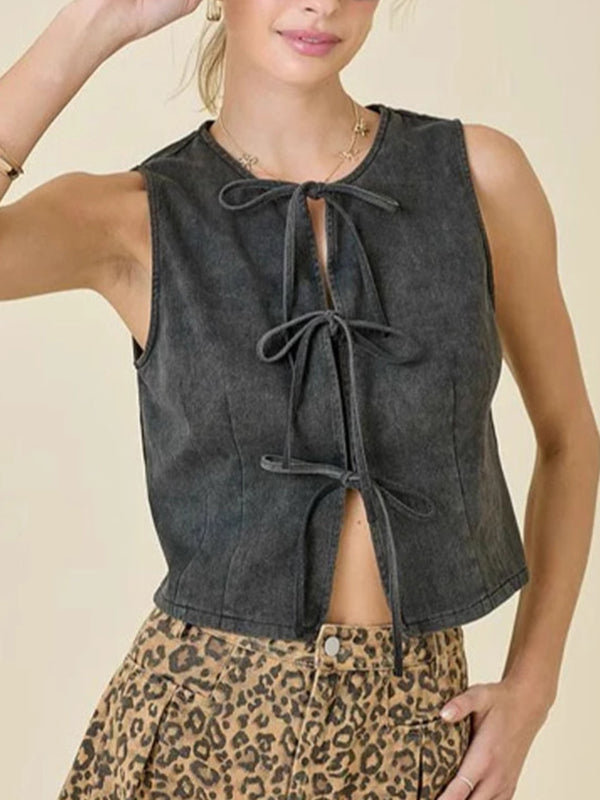 Lace Round-Neck Sleeveless Relaxed Vest