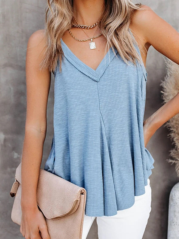V-Neck Pleated Sleeveless Relaxed Vest