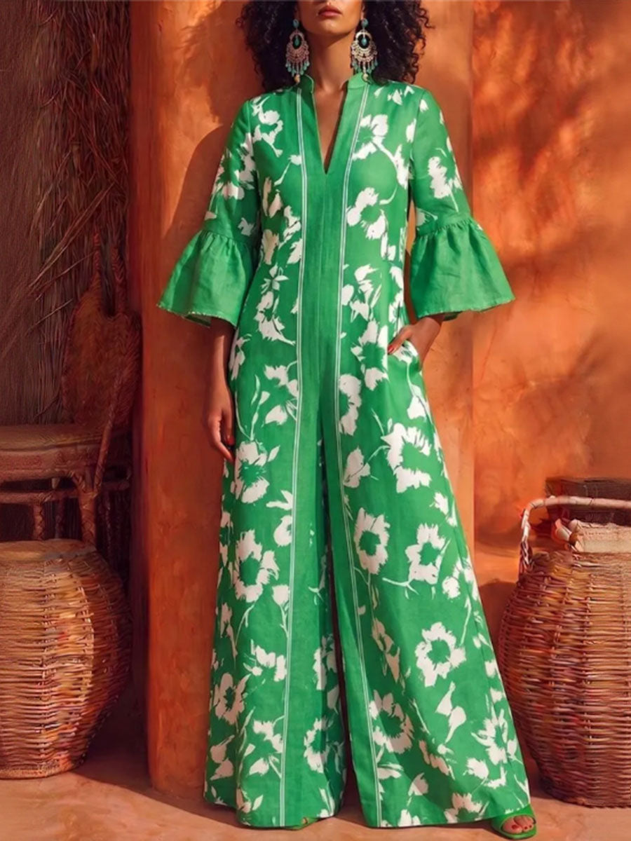 Floral Wide-Leg V-Neck Zip Jumpsuit