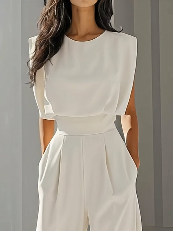 Round-Neck Pleated Relaxed Jumpsuit