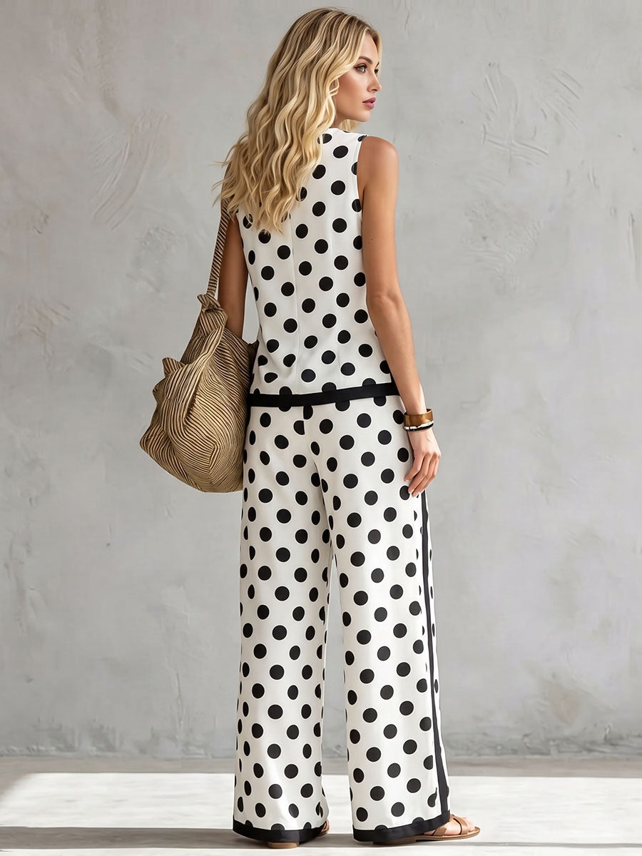 Polka Dot Round-Neck Sleeveless Contrast Tank Top