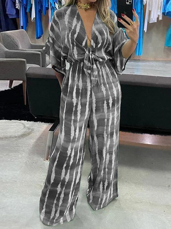 Printed Plus Size V-Neck Relaxed Jumpsuit