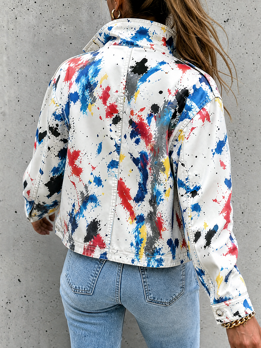 Printed Stand-Collar Button-Detail Zip Jacket