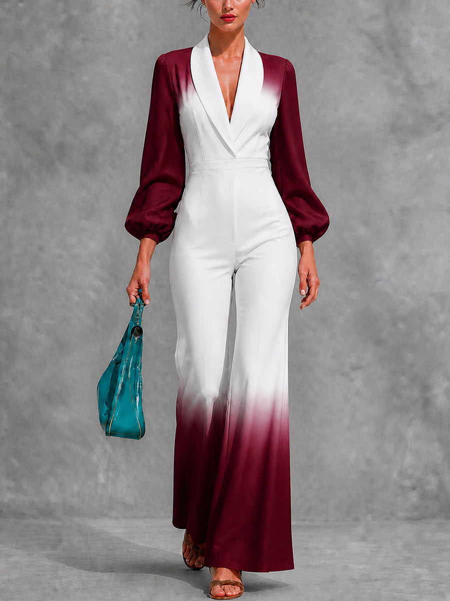 Gradient V-Neck Pleated Zip Jumpsuit