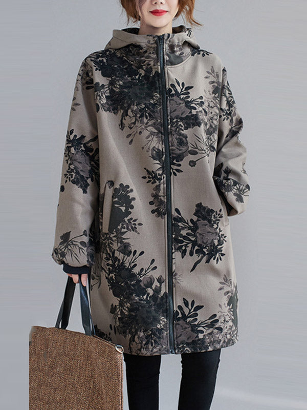 Floral Hooded Long-Sleeve Relaxed Jacket