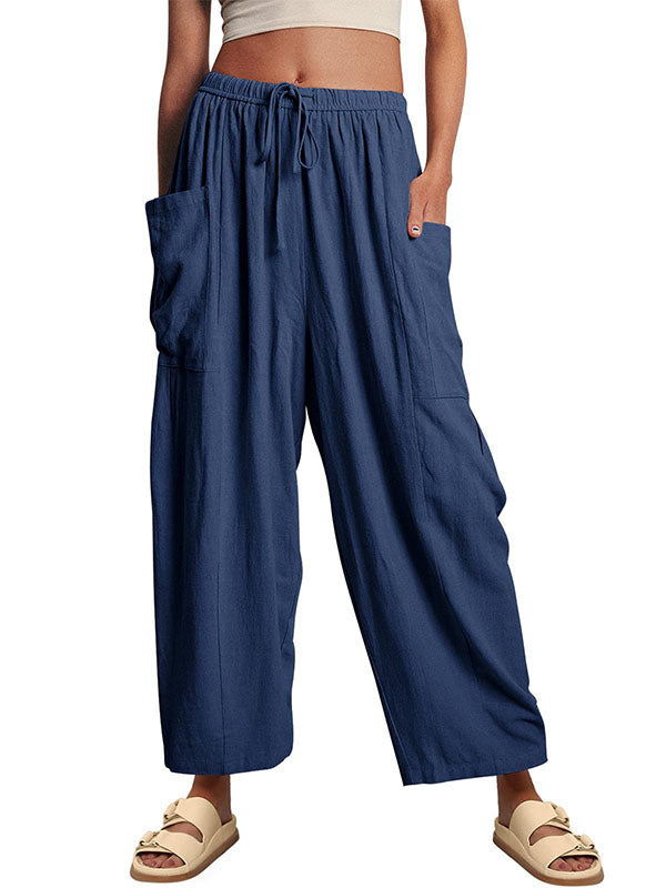 High-Waist Pleated Drawstring Pocket Pants