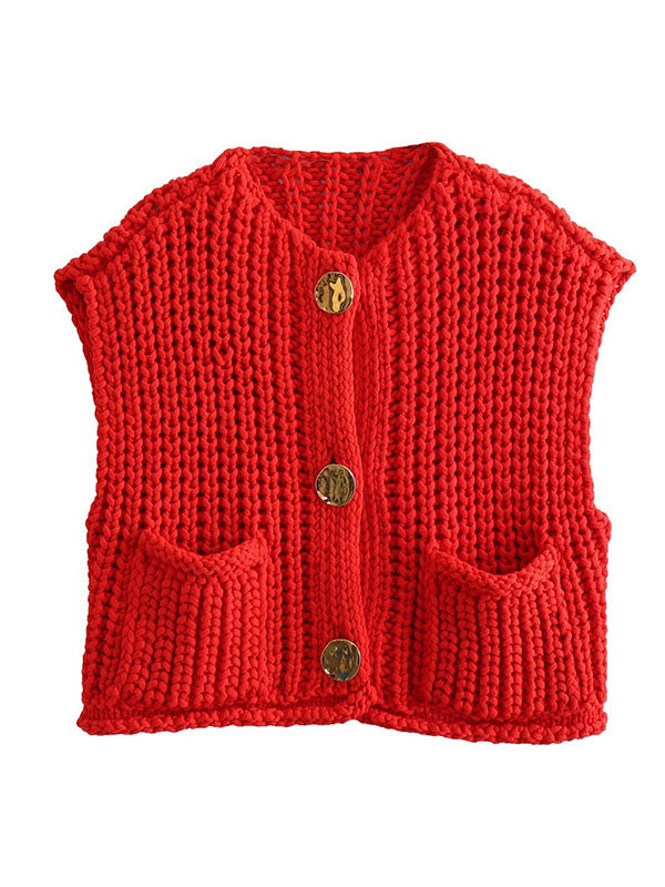 V-Neck Button-Detail Pocket Sleeveless Vest