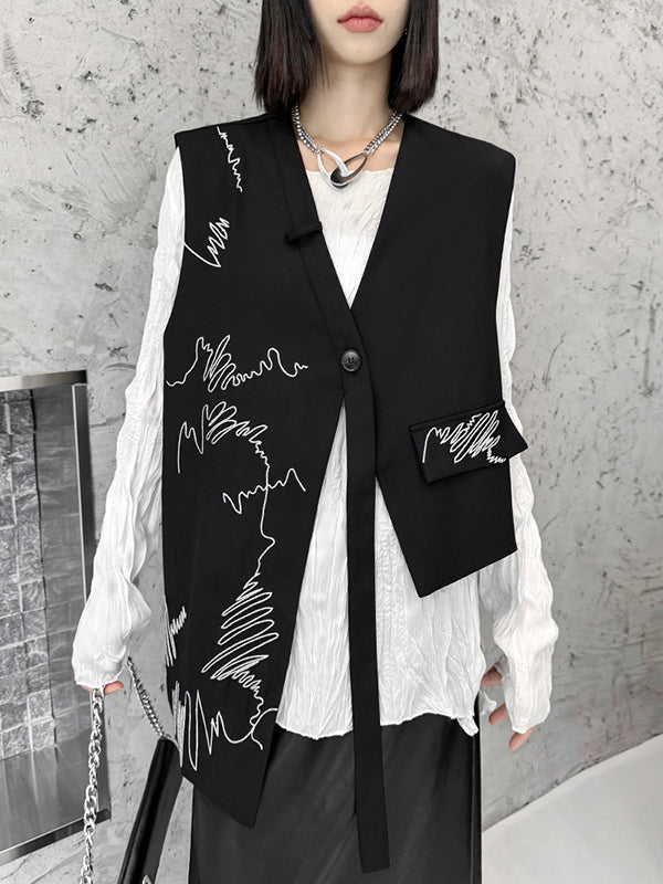 V-Neck Embroidered Asymmetric Button-Detail Vest