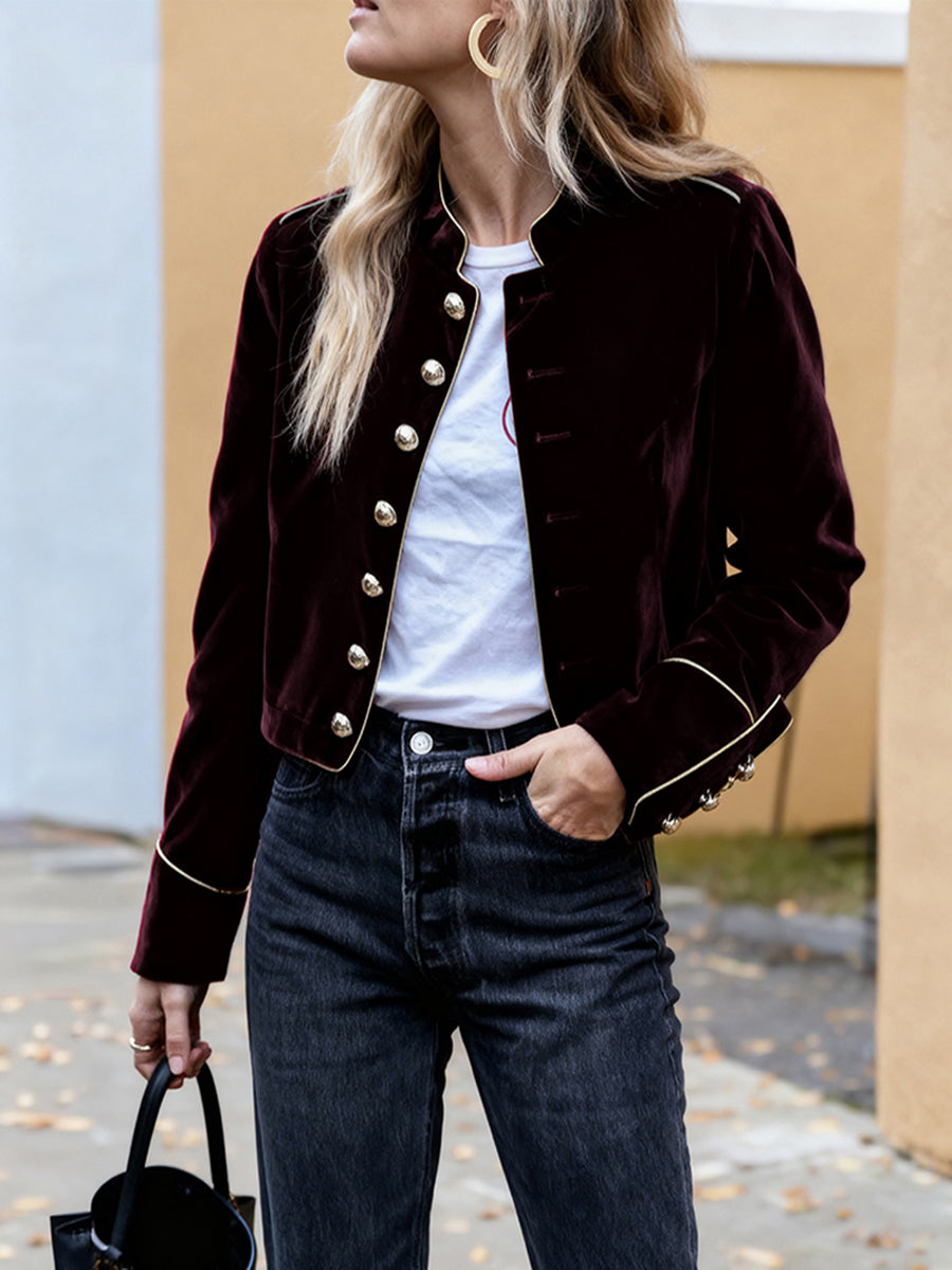 Stand-Collar Button-Detail Long-Sleeve Contrast Jacket