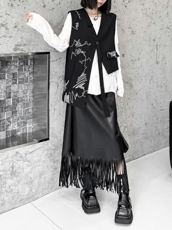 V-Neck Embroidered Asymmetric Button-Detail Vest