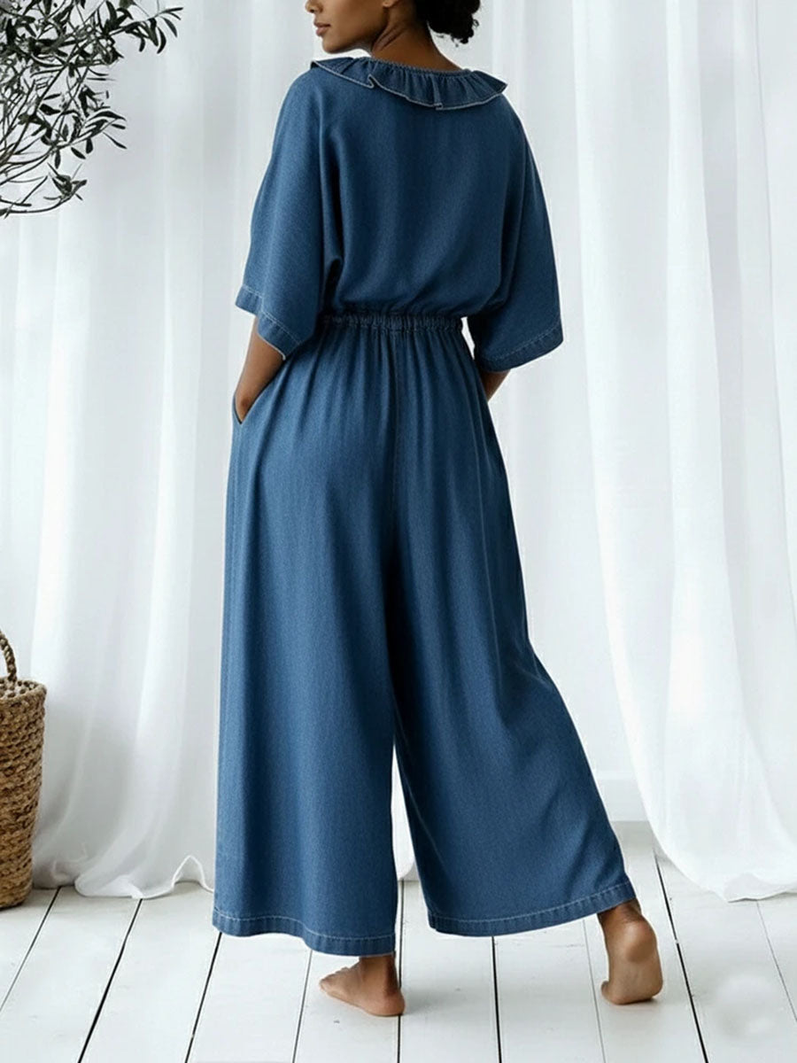 Wide-Leg V-Neck Ruffle Drawstring Jumpsuit