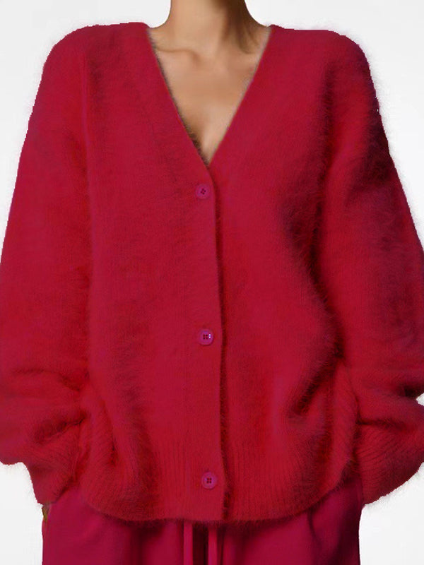 V-Neck Button-Detail Long-Sleeve Relaxed Cardigan