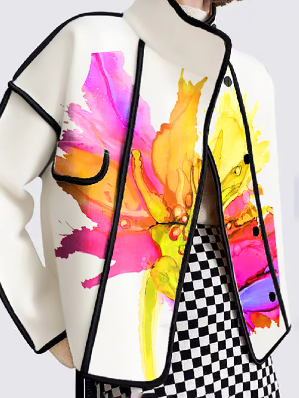 Floral Stand-Collar Button-Detail Pocket Jacket