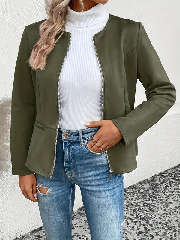 Round-Neck Zip Pocket Long-Sleeve Jacket