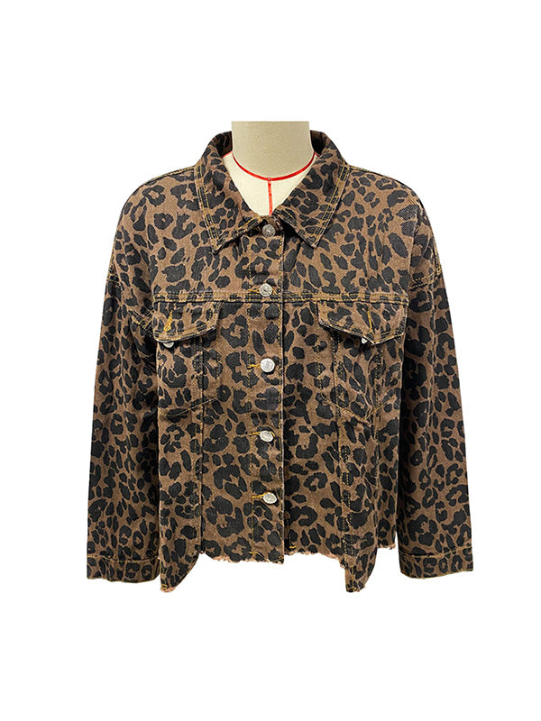 Leopard Print Fringe Button-Detail Pocket Jacket