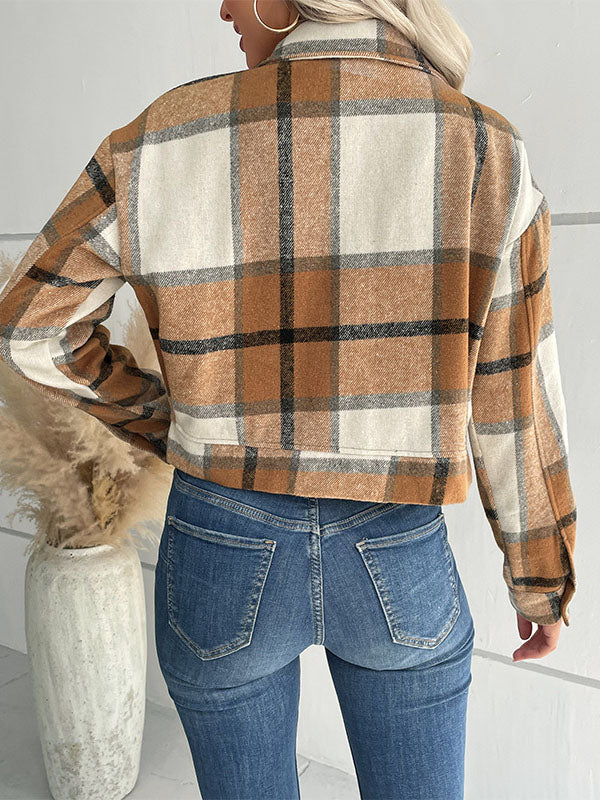 Checked Button-Detail Pocket Long-Sleeve Jacket