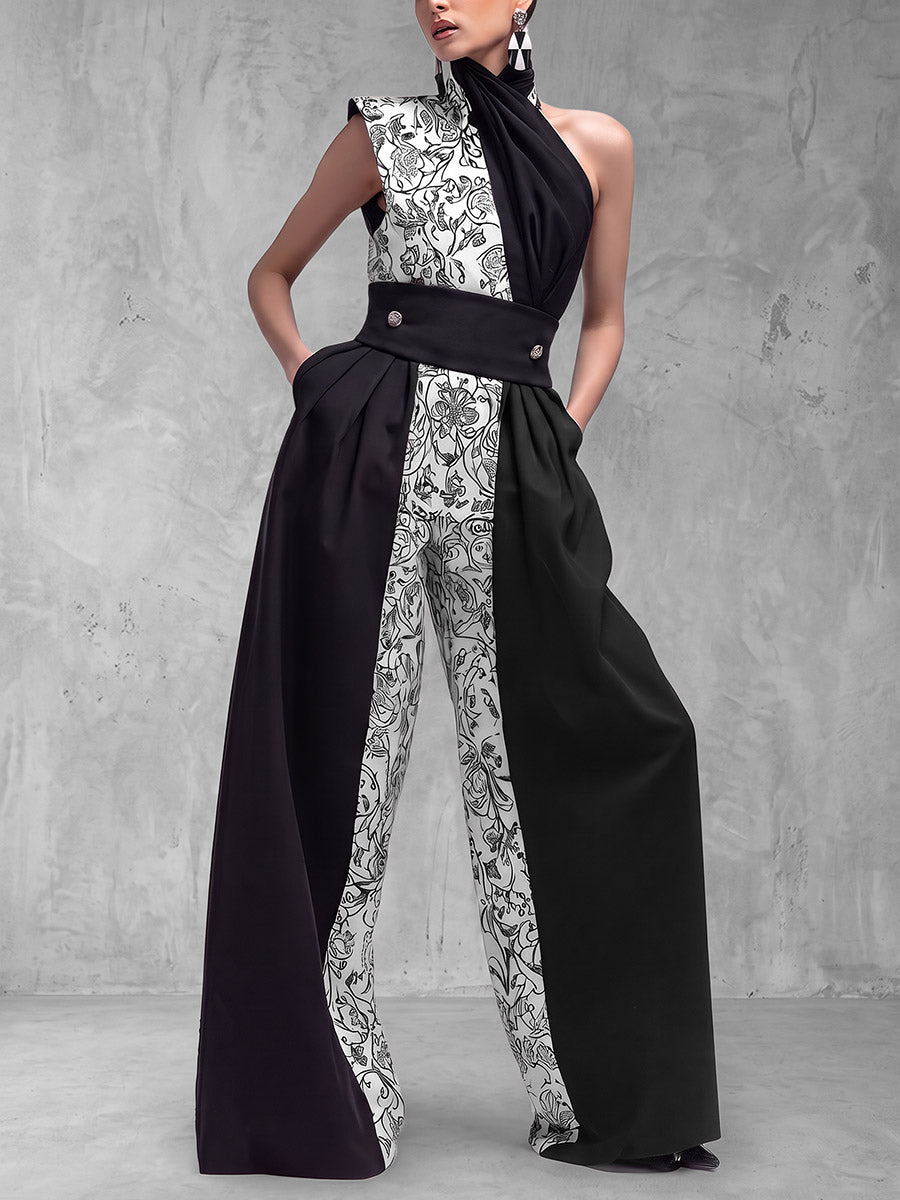Floral Wide-Leg One-Shoulder Pleated Jumpsuit