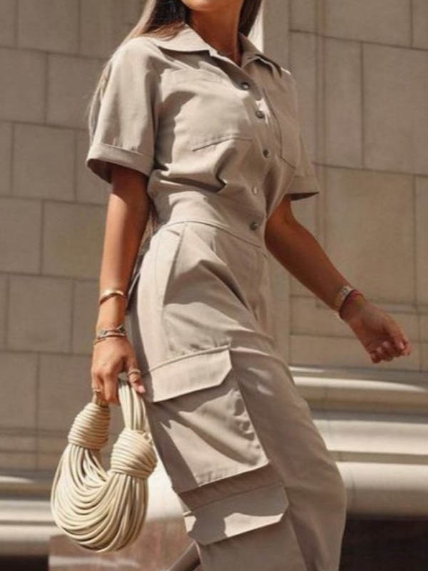 Button-Detail Pocket Short-Sleeve Relaxed Jumpsuit