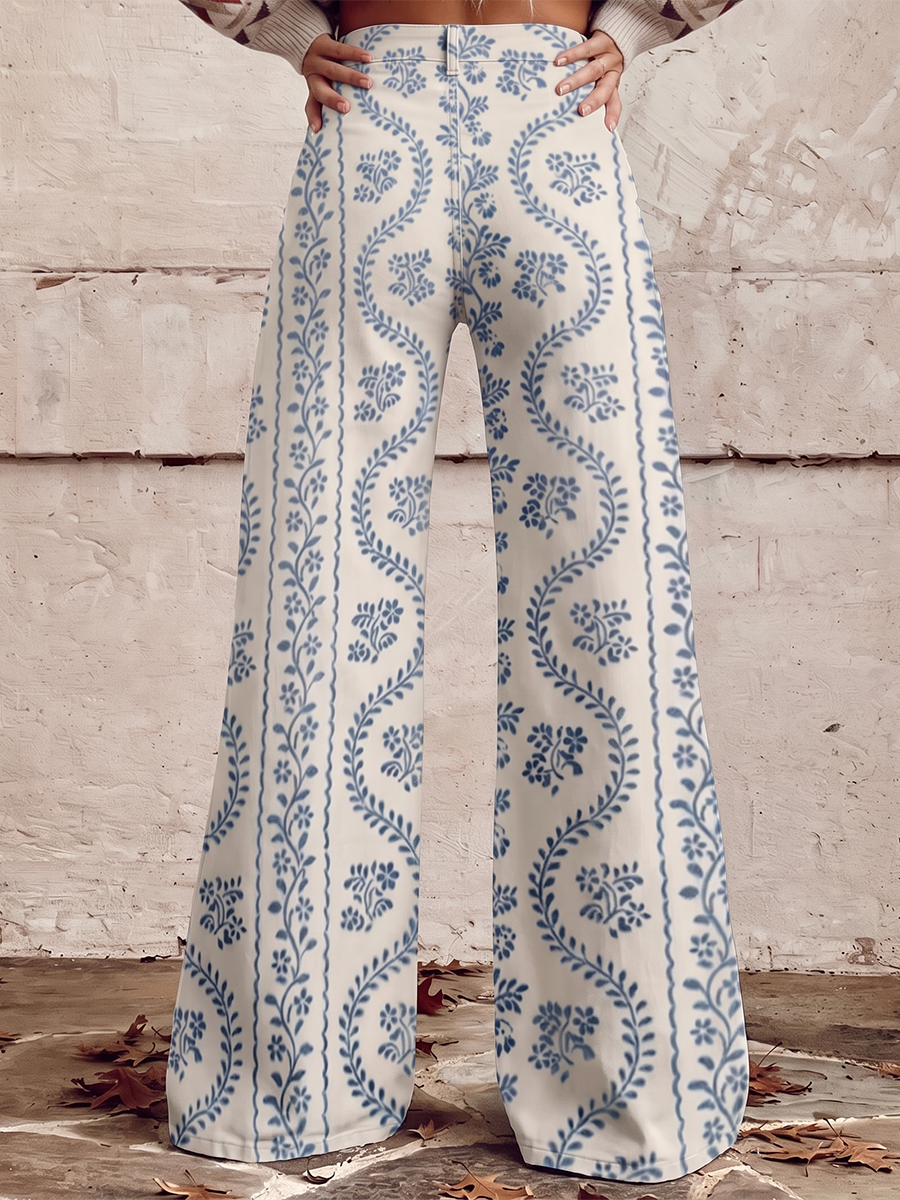 Printed Wide-Leg Plus Size Button-Detail Pants