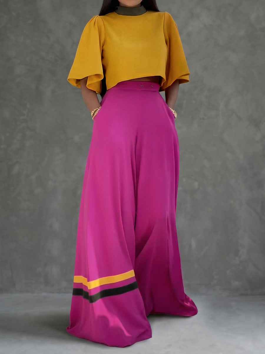 Wide-Leg High-Waist Button-Detail Pocket Pants
