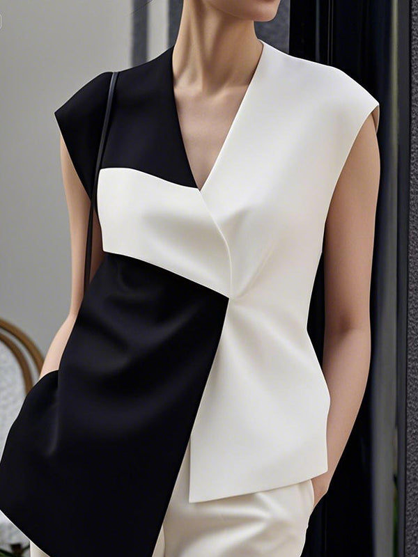 V-Neck Asymmetric Sleeveless Relaxed Vest