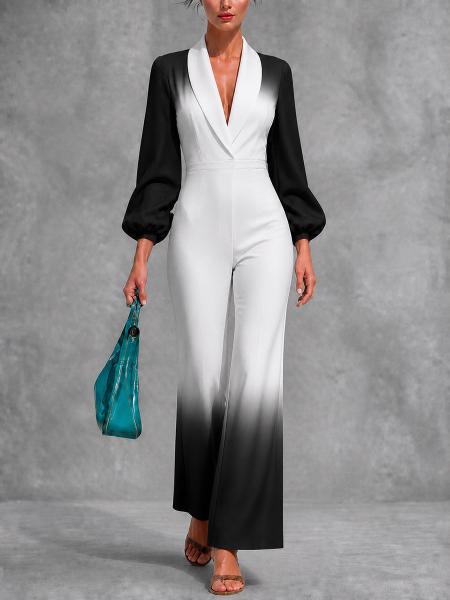 Gradient V-Neck Pleated Zip Jumpsuit