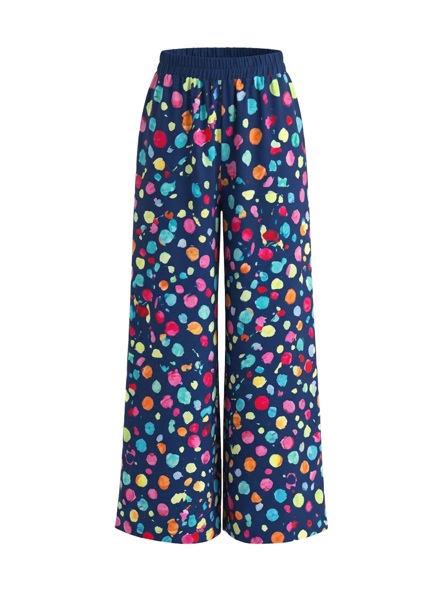 Polka Dot Wide-Leg High-Waist Pocket Pants
