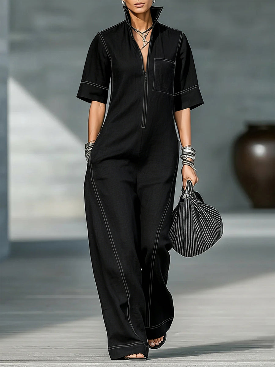 Stand-Collar Zip Pocket Short-Sleeve Jumpsuit