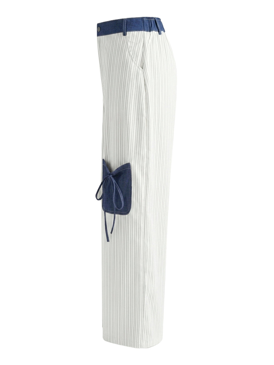 Striped High-Waist Button-Detail Pocket Pants