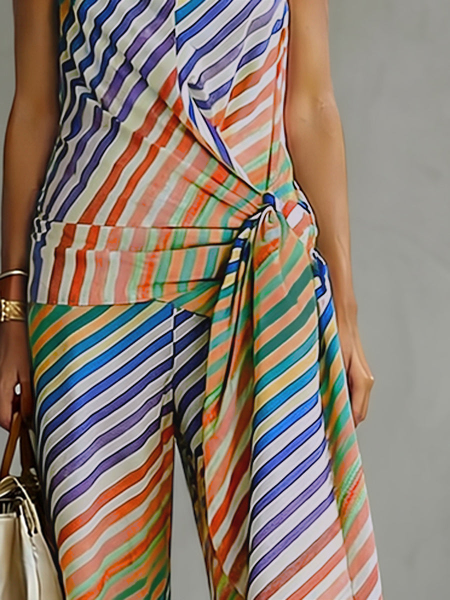 Striped Halter-Neck Open-Back Sleeveless Vest