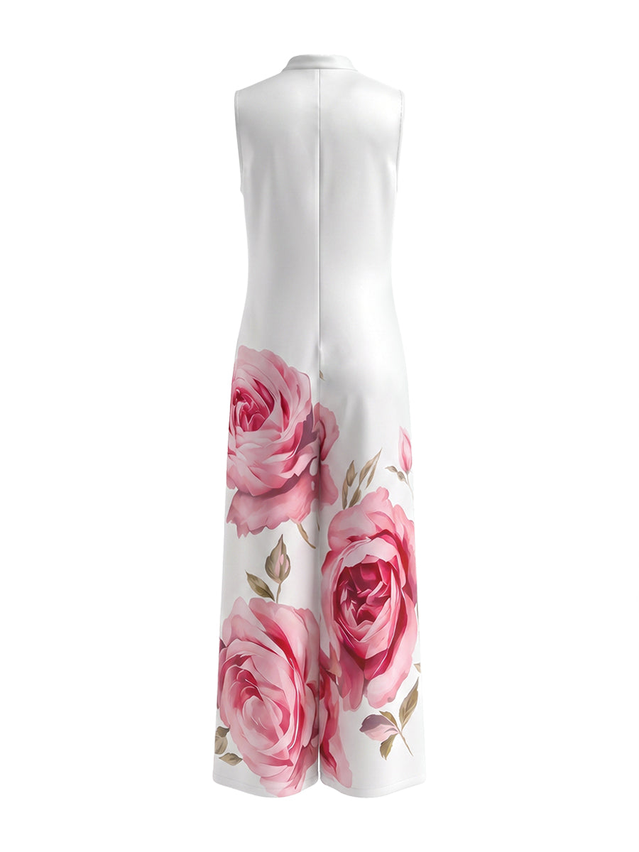 Floral High-Waist Round-Neck Pleated Jumpsuit