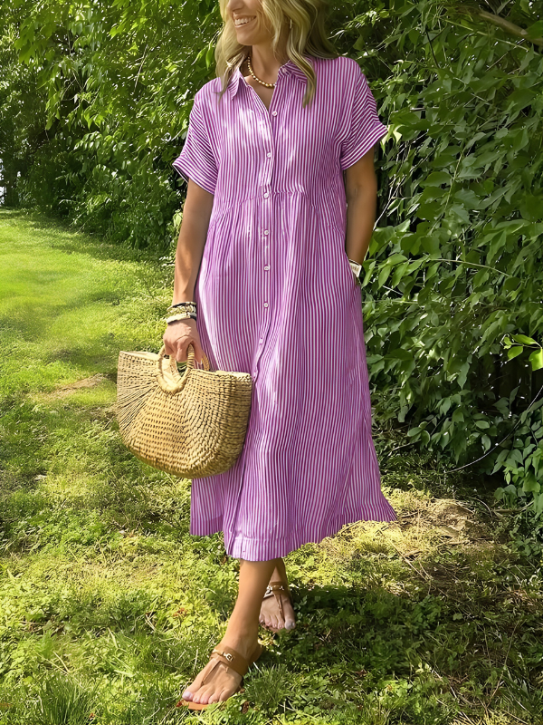 Marina | Striped Maxi Shirt Dress with Pockets