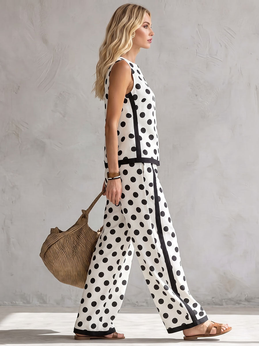 Polka Dot Round-Neck Sleeveless Contrast Tank Top