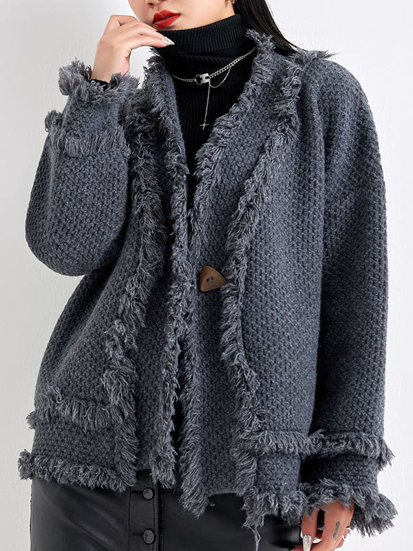 V-Neck Fringe Button-Detail Long-Sleeve Cardigan