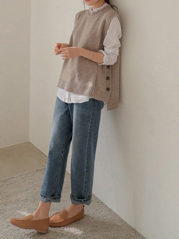 Round-Neck Button-Detail Sleeveless Relaxed Vest