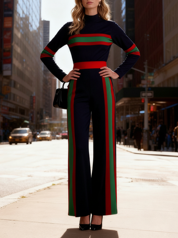 Striped Pocket Long-Sleeve Contrast Jumpsuit
