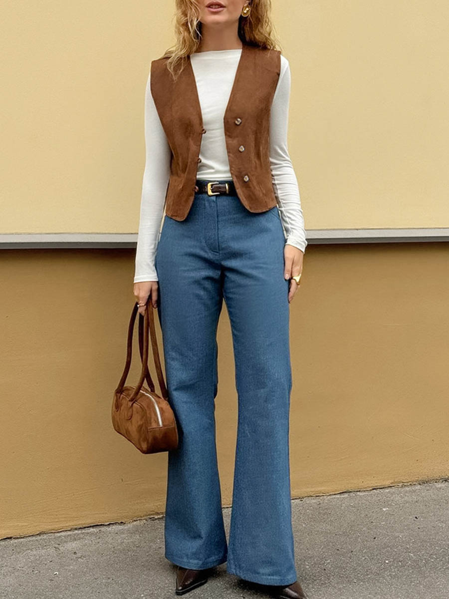 V-Neck Button-Detail Sleeveless Relaxed Vest