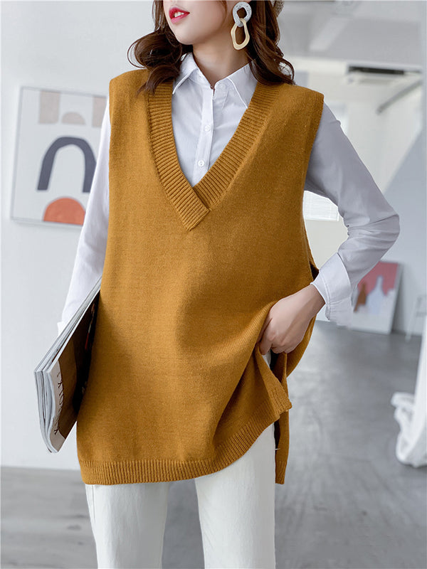 Knit V-Neck Side-Split Sleeveless Vest