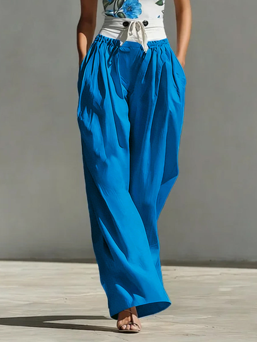 Wide-Leg High-Waist Pleated Button-Detail Pants