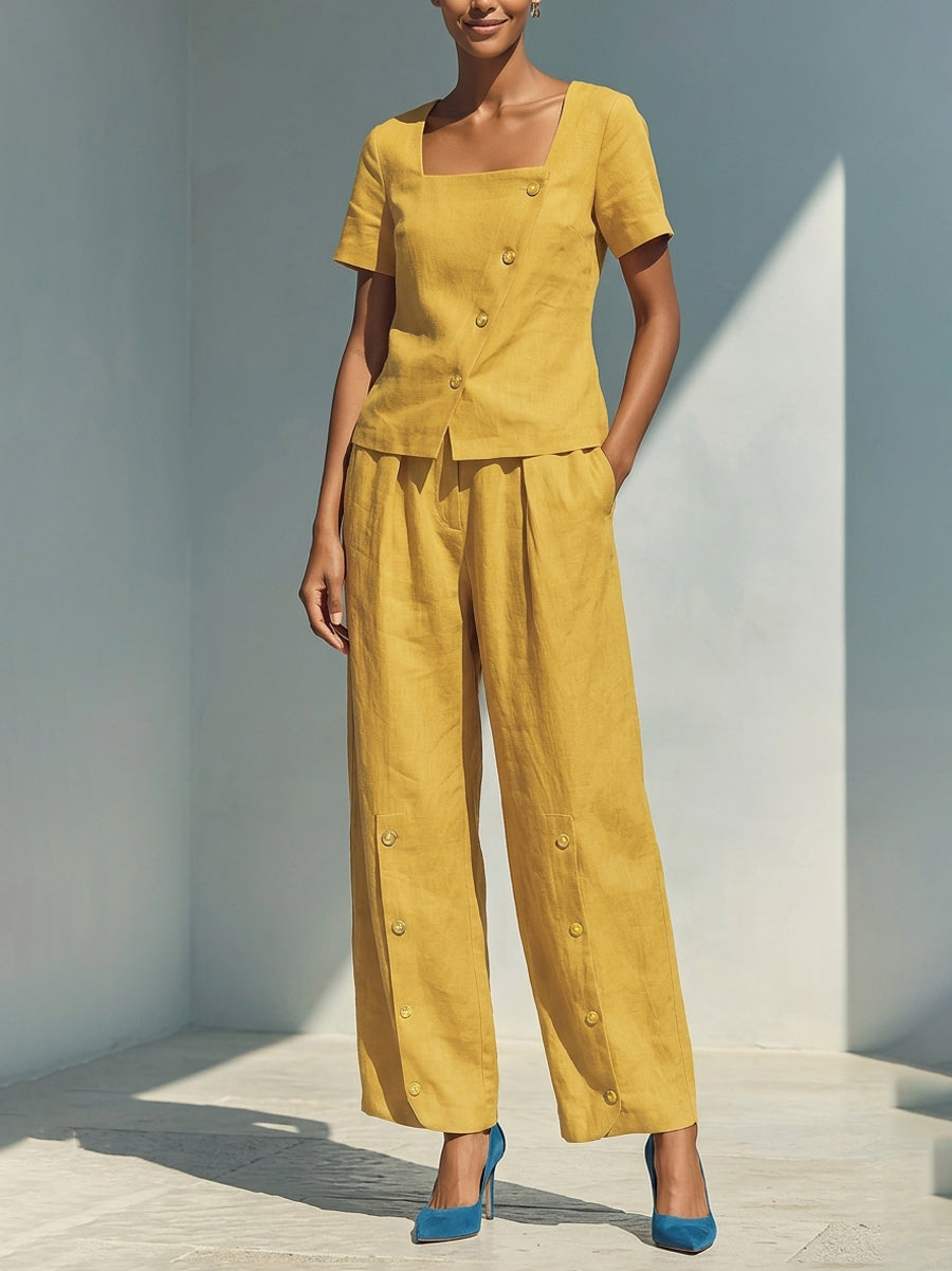 Wide-Leg Button-Detail Pocket Relaxed Pants