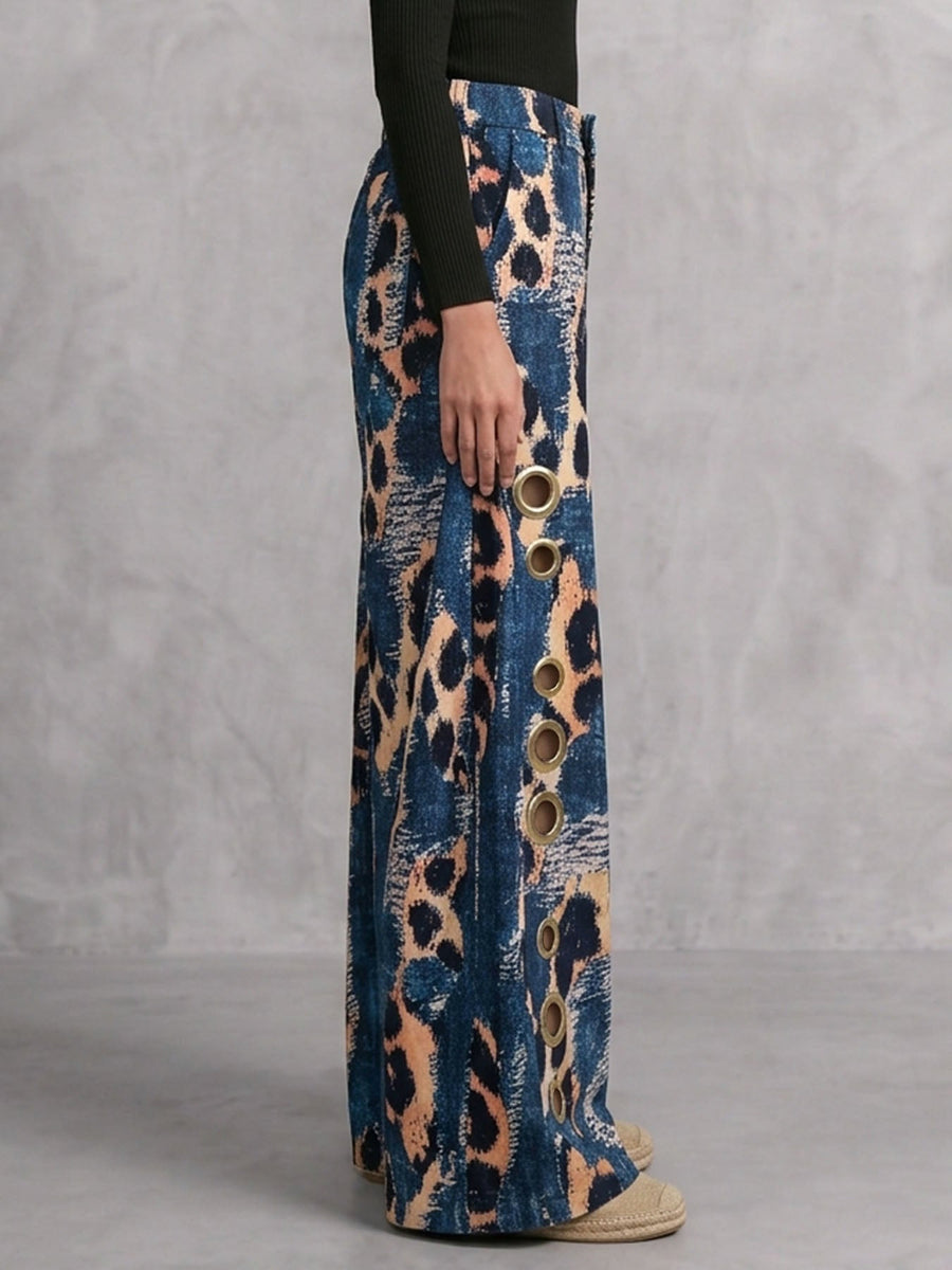 Leopard Print Wide-Leg High-Waist Button-Detail Pants