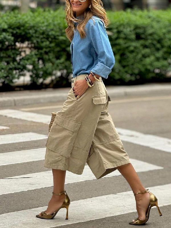 Wide-Leg Cropped Button-Detail Pocket Pants