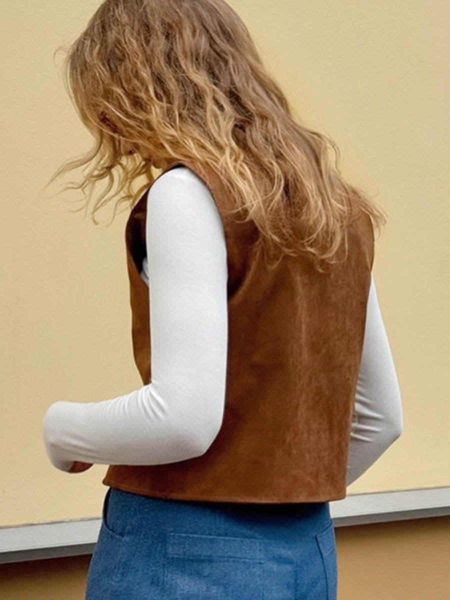 V-Neck Button-Detail Sleeveless Relaxed Vest