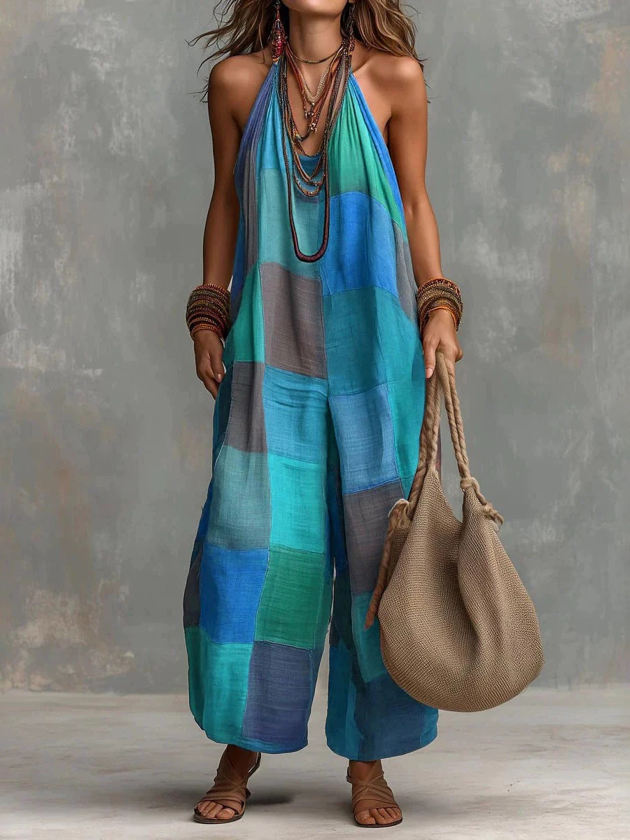 Checked Halter-Neck Sleeveless Relaxed Jumpsuit