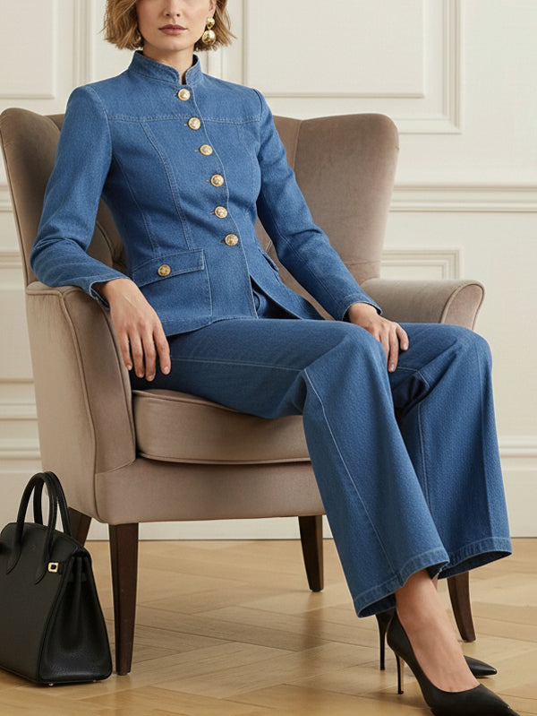 Stand-Collar Button-Detail Pocket Long-Sleeve Jacket
