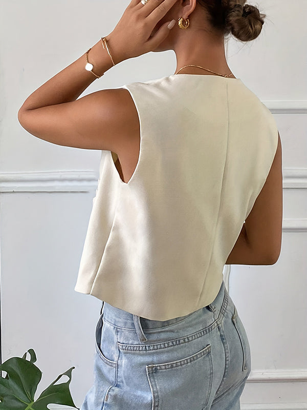 Round-Neck Button-Detail Pocket Sleeveless Vest