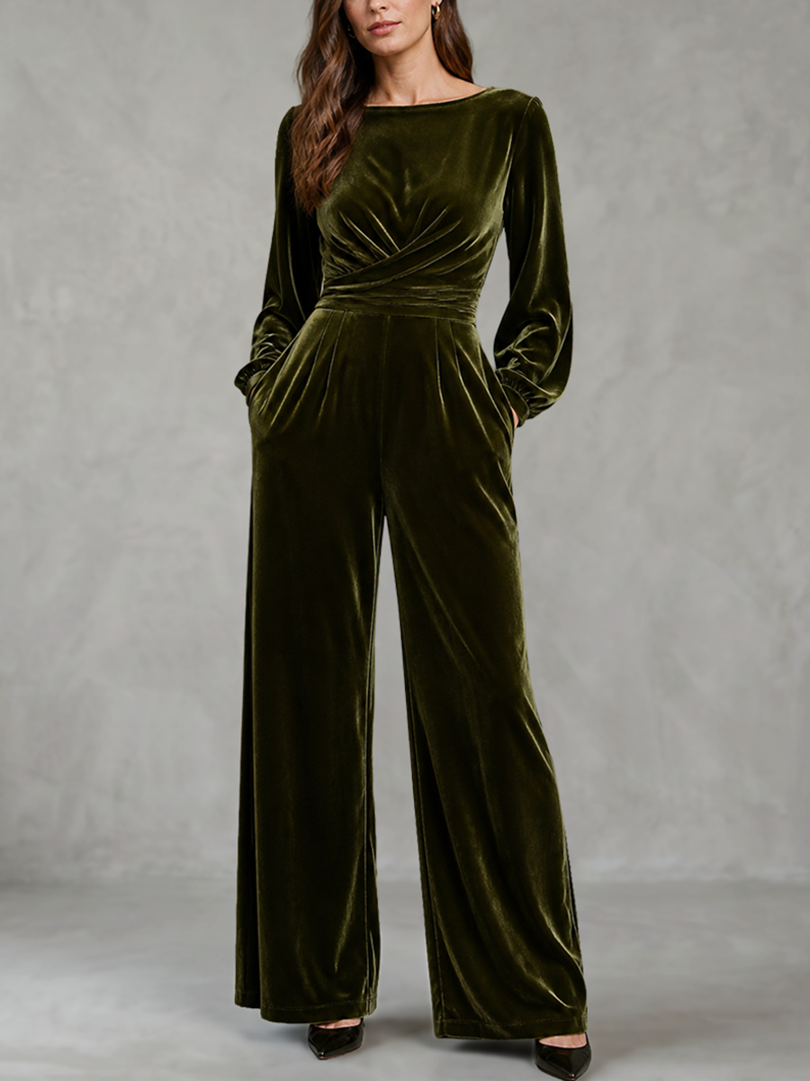 Velvet High-Waist Pocket Long-Sleeve Jumpsuit