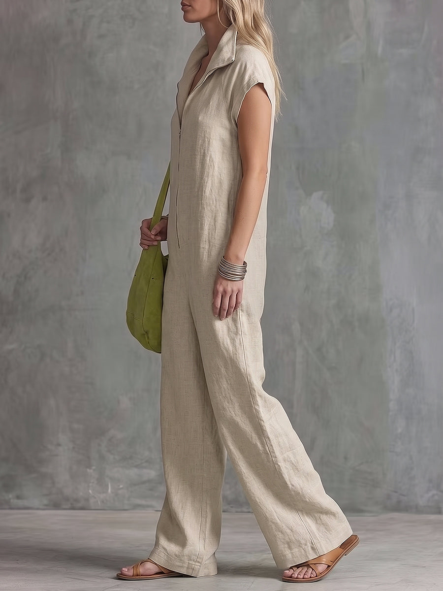 Wide-Leg Stand-Collar Zip Pocket Jumpsuit