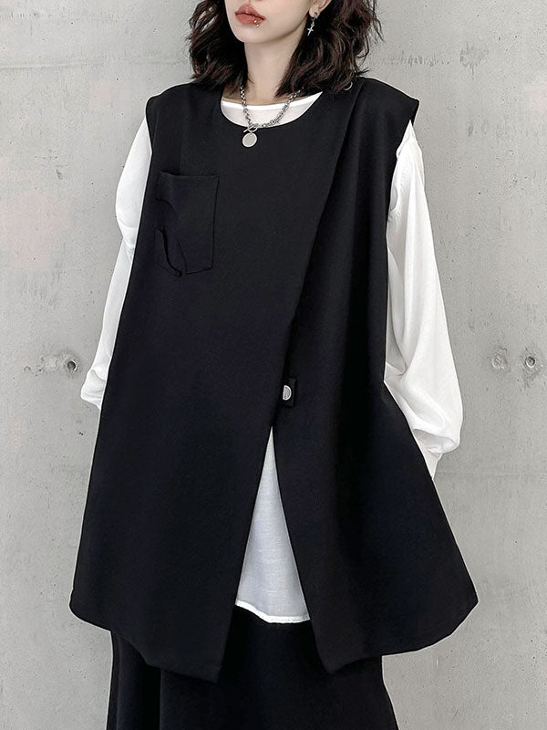 Round-Neck Asymmetric Zip Sleeveless Vest